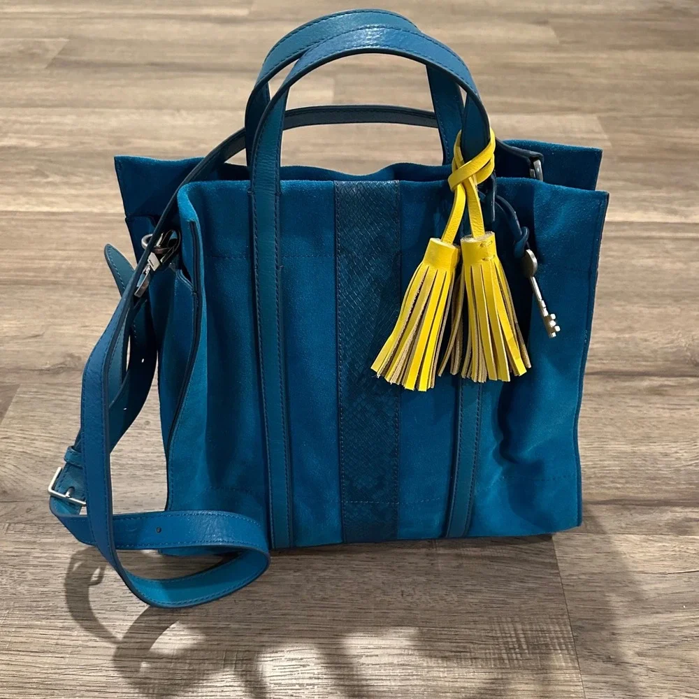 Fossil Hope Satchel Teal Blue Suede Snake Embossed Leather Tassel Handbag Bag